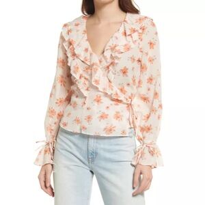 Free People Amanda Ruffle Long Sleeve Wrap Top in Ivory Combo size small